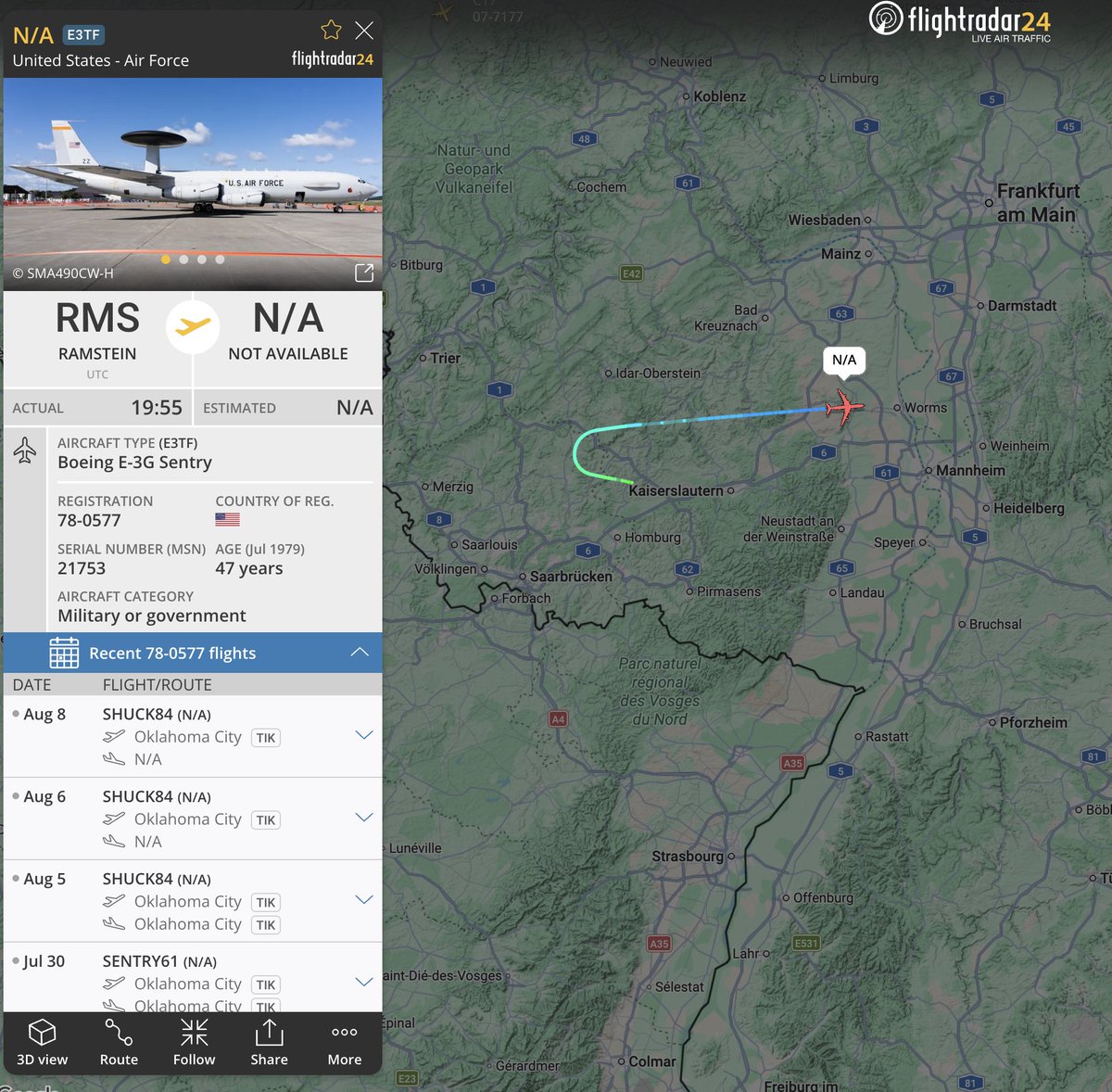 Parmenides5BCE's tweet photo. #SHUCK84 is up out of Ramstein. This is the E-3G (AWACS) that is replacing #SHUCK85 , but which had been delayed by technical issues for a few days. She left Oklahoma City on Aug. 8 (yesterday).
#ae11e5
https://t.co/s7nGowRKoM https://t.co/TA6Im31kB8