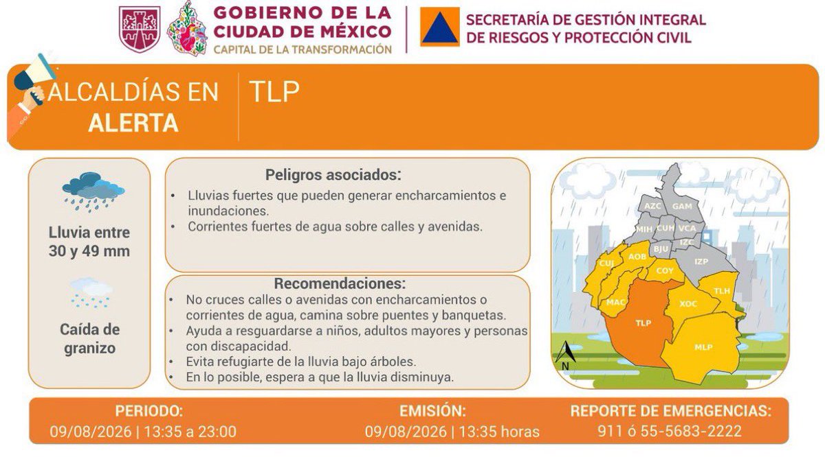 GobCDMX's tweet photo. 🟠 | Se activa #AlertaNaranja en la Ciudad de México por pronóstico de lluvias fuertes.

🟡 | Se actualiza #AlertaAmarilla en la Ciudad de México por pronóstico de lluvias fuertes.

Para más información consulta las redes de @SGIRPC_CDMX. Mantente al tanto de las últimas actualizaciones, ante una emergencia recuerda que puedes llamar al #911. ☎️