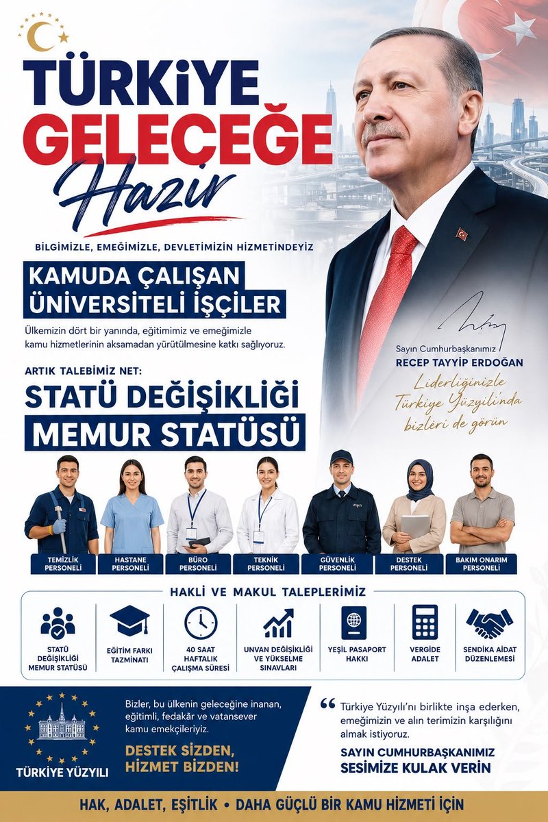 IscilerDernegi's tweet photo. 🇹🇷 Milletimizle Çeyrek Asır, Türkiye Geleceğe Hazır!

Kamuda yıllardır emek veren, üniversite mezunu olduğu hâlde eğitimine ve niteliğine uygun statüde değerlendirilmeyi bekleyen üniversiteli kamu işçileri de Türkiye Yüzyılı’nda geleceğe umutla bakmak istiyor.

🎓 Üniversite mezunu 4/D sürekli kamu işçilerinin isteğe bağlı statü değişikliği talebinin karşılık bulmasını; eğitim, liyakat ve emeğin birlikte değerlendirilmesini bekliyoruz.

Sayın Cumhurbaşkanımız @RTErdogan ve @Akparti’den üniversiteli kamu işçilerinin haklı talebine destek bekliyoruz.

Güçlü Türkiye, emeğin ve eğitimin hakkını teslim eden Türkiye’dir. 🇹🇷

#MilletimizleÇeyrekAsır
#KamudaUnvMezunuMemur
@IscilerDernegi