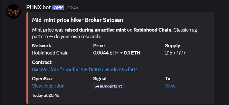 PHNXProtocol's tweet photo. Too many NFT projects continue to scam by increasing the mint price during the mint. Starting today, all members of the PHNX discord will be notified in real time by our bot.

Furthermore, the new rug scanner tool is active today:

1) Enter the NFT project you want to monitor:

2) the bot will give you a risk percentage by calculating various parameters

3) it will automatically write you a final report.

PHNX is here to continue building and adding value to our community.🔥
