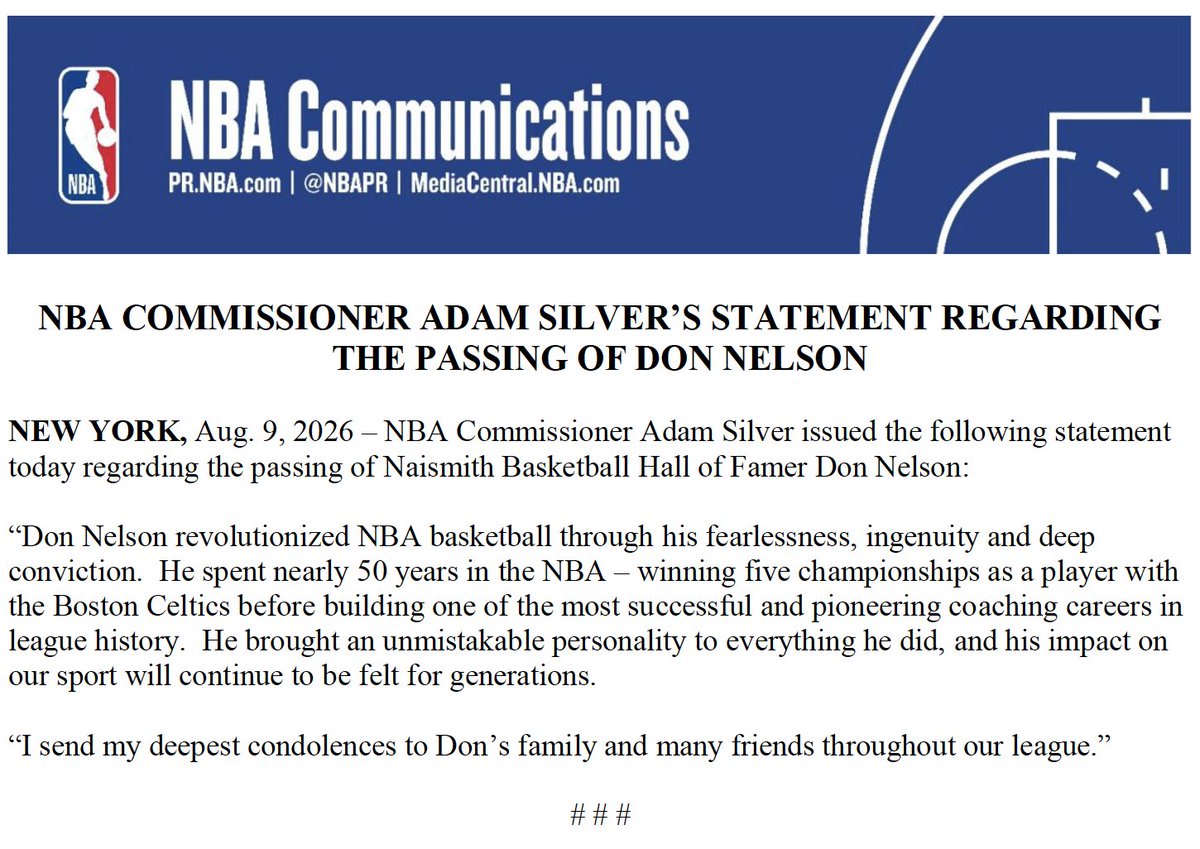 NBAPR's tweet photo. NBA Commissioner Adam Silver issued the following statement today regarding the passing of Naismith Basketball Hall of Famer Don Nelson: https://t.co/EGpWLyte2y