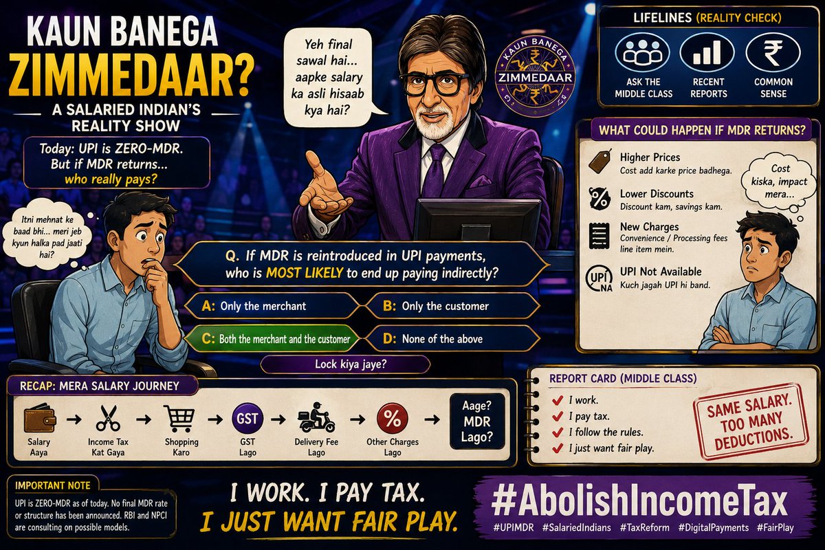 TaxedEnough_IN's tweet photo. Kaun Banega Zimmedaar? 👀

If UPI MDR returns, who pays?

A) Merchant
B) Customer
C) Both
D) Economics says: IT DEPENDS.

The merchant may pay the MDR directly.

But does the merchant absorb it completely?

Or does some of that cost eventually appear through pricing, discounts, payment choices or other business decisions?

That’s the question.

Because before I even reach this quiz…

Salary → Income Tax ✅
Shopping → GST ✅
Other charges ✅
And then MDR? ❓

My salary has already been taxed before it reached my account.

I work. I pay tax. I follow the rules.
I just want FAIR PLAY.

#AbolishIncomeTax #UPIMDR #UPI #SalariedIndians #MiddleClassIndia #DigitalPayments #MerchantDiscountRate #TaxReform #ConsumerRights
