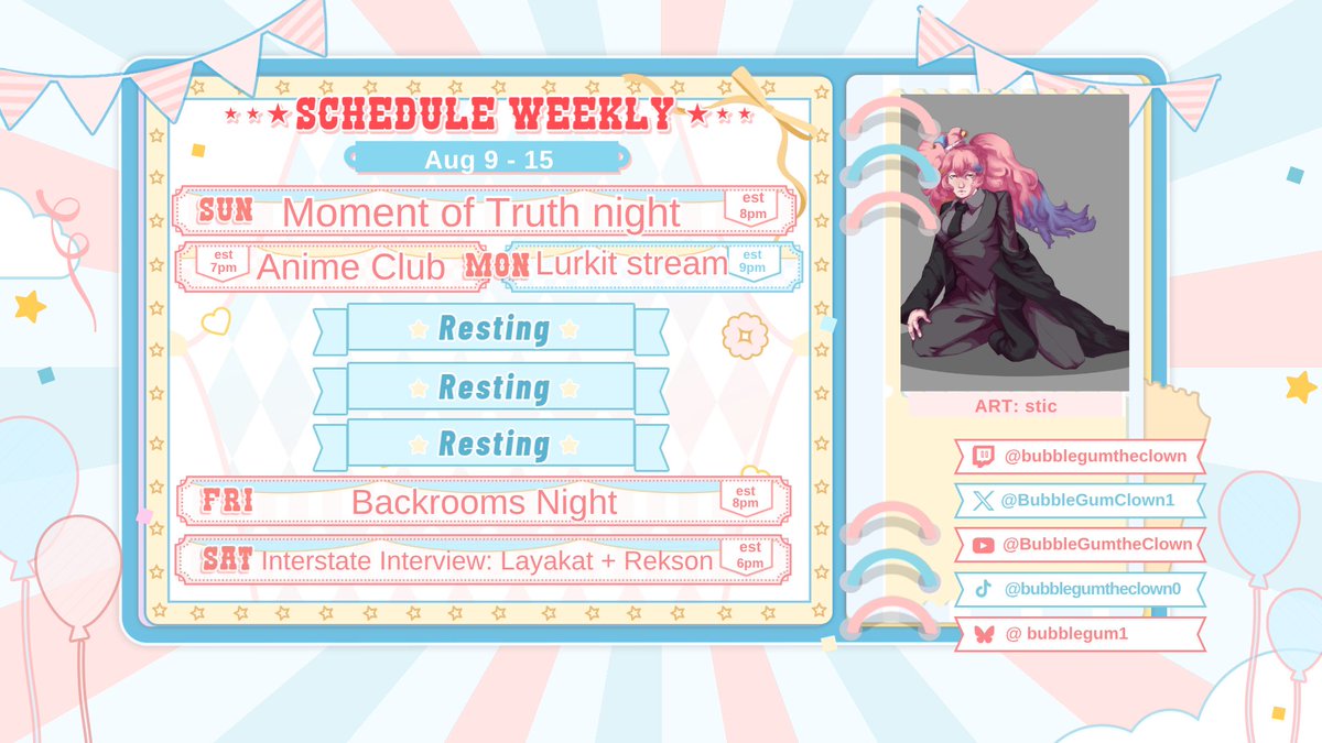 BubbleGumClown1's tweet photo. 🎉STREAM SCHEDULE 8/9 - 15

🍿 Reacting to more Moment of Truth
📺 Anime Club in the discord server then completing some Lurkit quests
👻Backrooms game stream
❤️ Interviewing @layakat  and @ReksonGames 

🎨 stic https://t.co/YXYrXhzc9j