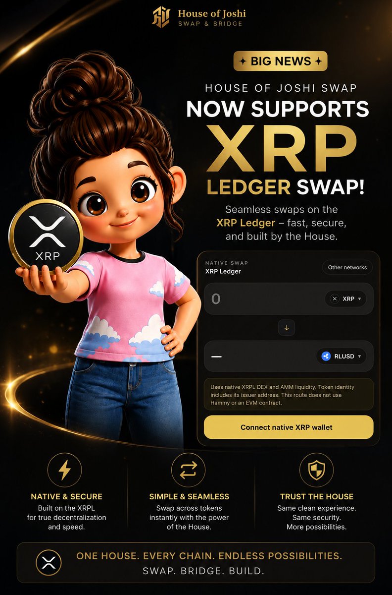 thehouseofjoshi's tweet photo. 🚨 BIG NEWS FROM THE HOUSE!

$XRP just found a new home. 🏠⚡

House of Joshi Swap now supports XRP Ledger swaps.

Native. Fast. Seamless.
The House is expanding. 👑
Swap- https://t.co/ceMhAeEZZU

#XRP #XRPL #DeFi #HouseOfJoshi https://t.co/3OOow0FbUB