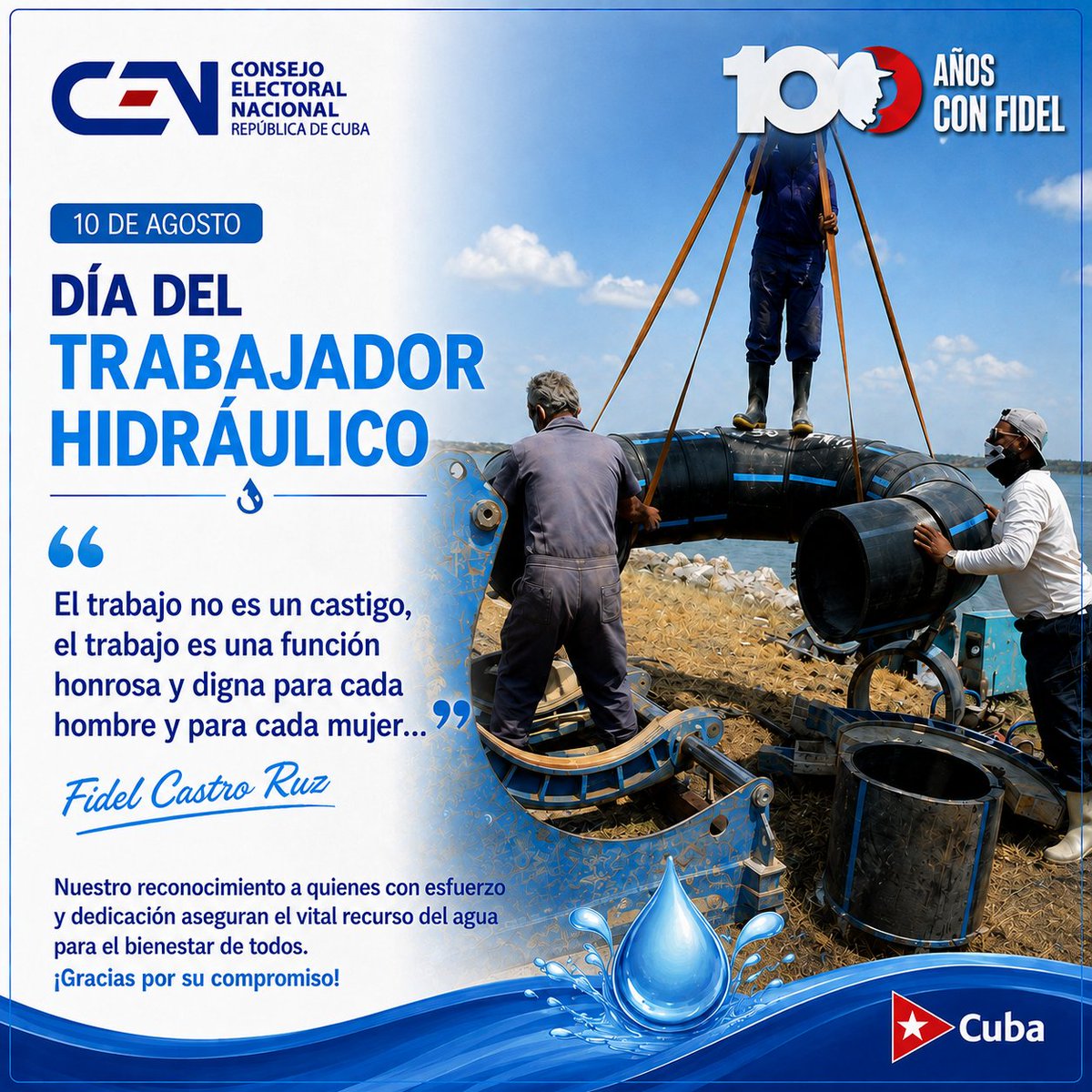 Elecciones_Cuba's tweet photo. #UnidosXCuba 🇨🇺
 La familia electoral cubana felicita a todos los trabajadores hidráulicos y reconoce su entrega, responsabilidad y dedicación en la noble tarea de garantizar un recurso tan esencial para la vida y el bienestar de nuestro pueblo 💙💧🇨🇺 https://t.co/jEeg7Ug7yb