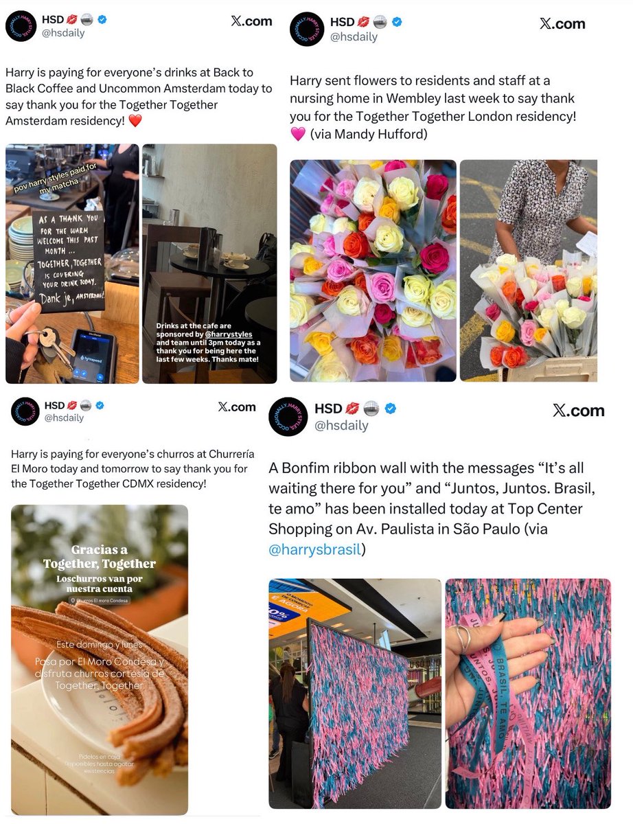 axlsugar's tweet photo. harry giving away free coffee in amsterdam, free flowers in london, bonfim ribbons in brasil, and now free churros in mexico is genuinely kind way of thanking the fans in every city of the together together residency, he really meant it when he said: we belong together 🤍 https://t.co/pWiydjL4RY