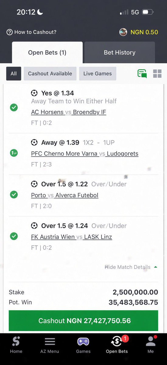 Mrsam4u01's tweet photo. One more game to go!🥶

27 million cashout🥶🔥🔥

#Sportybet #Sportybetcode #trending 🔞 https://t.co/Y5WLtN7IiY