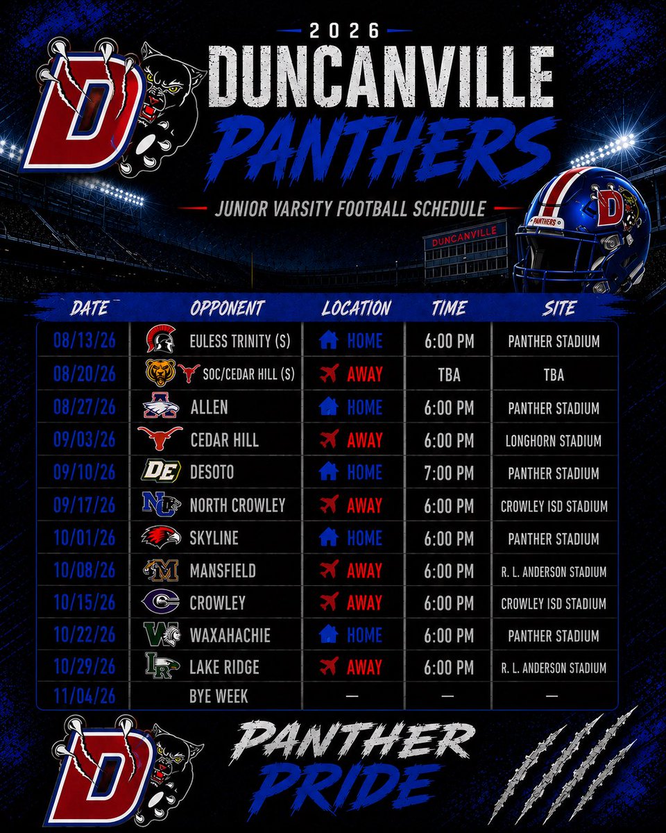 Duncanville_FB's tweet photo. 🚨 PANTHER NATION 🚨
SAVE THE DATES!
FOOTBALL IS HERE! 🏈🔥
It’s time to LOCK THE GATES! 🔒
🔴⚪🔵 #DuncanvilleFootball #LockTheGates #PantherNation https://t.co/AVrBhUSWSn
