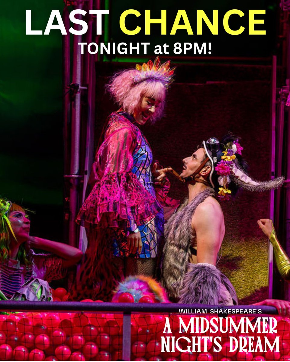 commshakes's tweet photo. LAST CHANCE 📣💖
One final opportunity to experience the neon magic of A MIDSUMMER NIGHT'S DREAM!
➡️ Tonight at 8 PM 

Image Description: Titania and Bottom embrace in a ball pit. "Last Chance Tonight at 8PM!" in text. PC: Nile Scott Studios. https://t.co/6JNuklkNdy