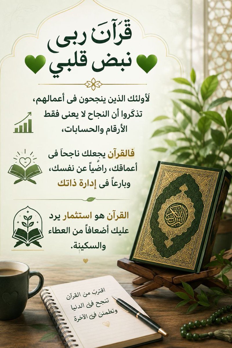 Elsayednasef05's tweet photo. 💚قرآن ربى نبض قلبي 💚
القرآن  يستحق منك أن تهب له صفوة لحظاتك، وسيرد  لك هذا العطاء أضعافاً من الطمأنينة والبركة فى حياتك، والسعادة  فى  الآخرة.#داعم_للخير #رسالة_اليوم 
#رسالة_لقلبك #مساء_الخـير https://t.co/svwAEjbILF