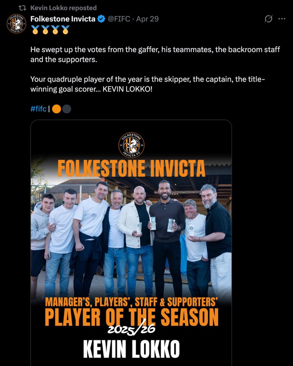 elevnxiofficial's tweet photo. Folkestone’s centre half Kevin Lokko bagging a hat-trick on league opening day. 🤯
Last season Kevin did a clean sweep of the player awards, now he’s opened the newly promoted side’s campaign with the match ball. What a way to start the season!🔥
#elevnxi #nonleague #FootballFans https://t.co/ELn595DEK8