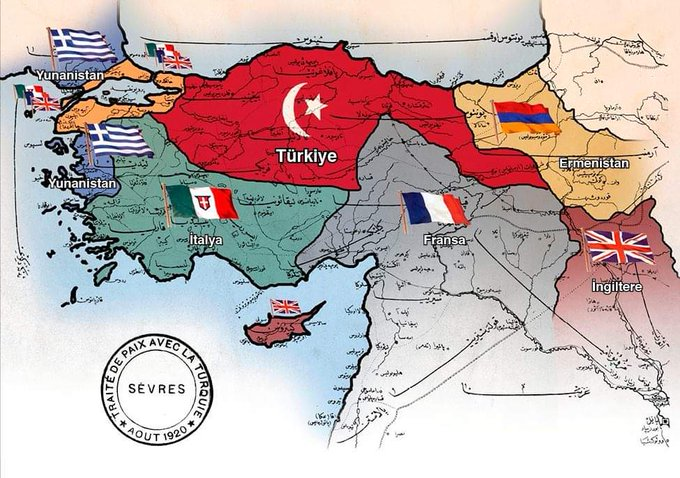 volkan_giritli's tweet photo. 10 AĞUSTOS 1920 - SEVR ANTLAŞMASI... 

📌106 Yıl Önce bugün 10 Ağustos 1920'de, Osmanlı Sevr Antlaşmasını imzalamış, vatan elden gitmişti.

👉Aslında Sevr'in şartları Osmanlı'ya Nisan 1920'de tebliğ edilmiş ve bunun imzalanması istenmişti.
Şartlar son derece ağır ve kabul edilemezdi. Tevfik Paşa Hükümeti bunun üzerine istifa etti, yerine Damat Ferit Paşa geldi.

👉Osmanlı'nın Sevr'i imzalaması için bir yandan da Yunan İşgalinin ilerlemesi sağlanıyordu, 1 yıl önce İzmir'e çıkan Yunanlar, Batı Anadolu'yu adım adım işgal ediyordu.
Böyle giderse antlaşma imzalanmadığı takdirde, İstanbul'u bile Yunanistan'a vereceklerdi.

👉Bu gelişmeler ışığında Damat Ferit, Vahdettin'in başkanlığında SALTANAT ŞURASI'nın toplanmasını sağladı. 50'ye yakın devlet adamının katıldığı Saltanat Şurası'nda "Küçük de olsa Osmanlı'nın varlığını sürdürebilmesi için Sevr'in imzalanması gerektiği" hususu kabul edildi.

👉Ve Sevr'i imzalayacak heyet (Rıza Tevfik, Damat Ferit, Bağdatlı Mehmet Hadi, Bern Sefiri Reşat Halis Bey) yola çıktı.

‼️Damat Ferit başkanlığındaki Osmanlı Heyeti, 10 Ağustos 1920'de saat 16.00'da Sevr Antlaşmasını imzaladı.

👉Sevr'in imzalanması sonrası Lloyd George şöyle haykırdı; "Türkiye artık yoktur.."  

👉Damat Ferit sadece antlaşmayı imzalamakla kalmadı. Milli Mücadeleyi yok etme sözü de verdi.

👉Damat Ferit, Sevr'i imzalamakla islam adına çok hayırlı bir iş yaptığını, şayet imzalamasaydı İslamiyet ve Halifeliğin Anadolu'dan silineceğini, Sevr'i imzalayarak hem islamiyeti, hem halifeliği kurtardıklarını, müslümanlara çok büyük bir hizmet yaptıklarını anlatıyordu.

‼️Türkiye üzerinde emelleri olanlar, 106 yıl önce bugün imzalanan ve 9 Eylül 1922'de Mustafa Kemal Atatürk ve silah arkadaşları tarafından yırtılıp atılan Sevr Hayallerinden hiç vazgeçmediler. Hep teyakkuz halinde beklediler. 

📌Bugün ne yazık ki Türkiye'nin 2. Sevr'i olan Çerçeve Yasa Meclis'te oynanacak.

📌Bugün yine görüyoruz ki, Sevr icracıları, gaflet dalalet ve hatta hıyanet içindeki yerli işbirlikçileri ile yene Sevr hayalleri peşindeler. 

Çerçeve Yasa Yeni Sevr'dir. 
Aynı güne denk getirilmiş olması da Türk Milleti için bir ibret vesikasıdır...

‼️Eski Sevr'inizi yırtıp attık, elbet yeni Sevr'i de yırtıp atacağız...
#tarih #SevrAntlaşması #çerçeveyasa #TBMM #çerçeveyasayahayır #HainsizTürkiye #pazar #pazartesi