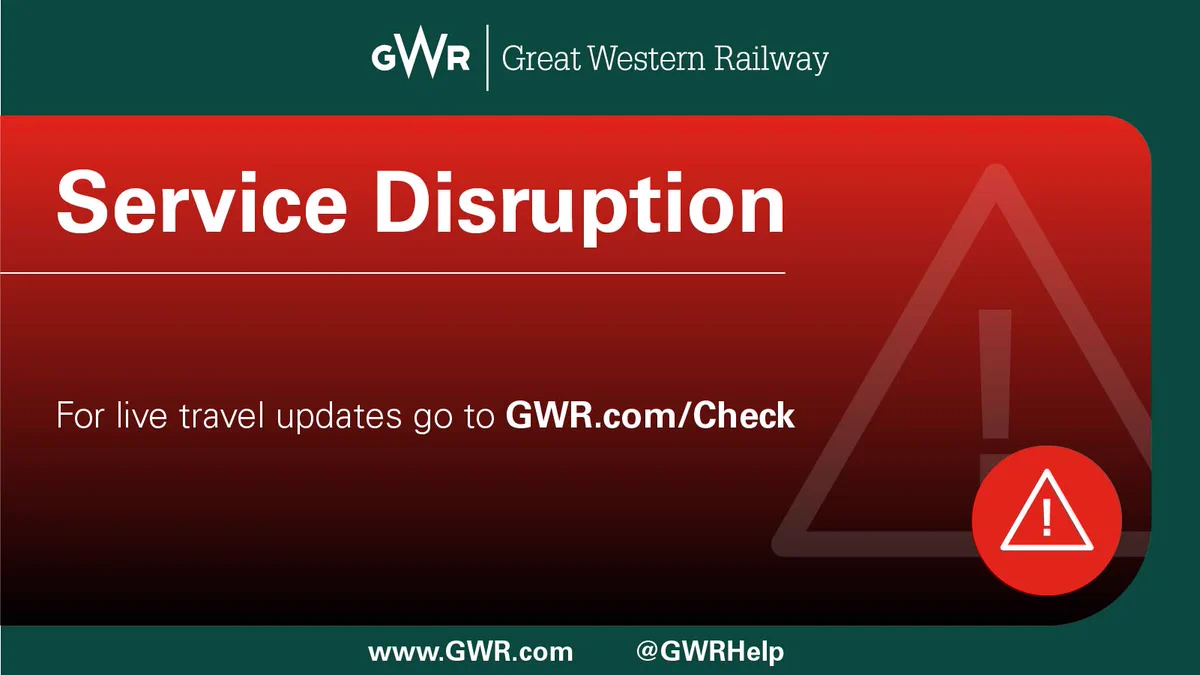 Great Western Railway alert about service disruption with a link for live travel updates at GWR.com/Check.