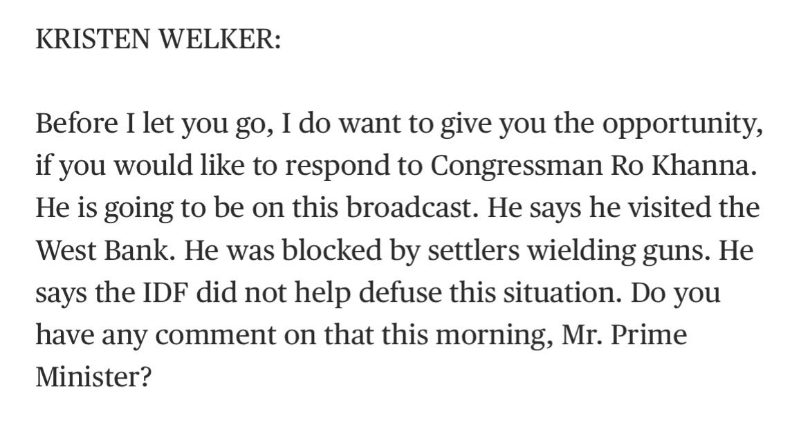adamjohnsonCHI's tweet photo. a “1:1 tough interview on a Sunday show” with Piker would be quite funny since here is the “1:1 tough interview” the most prominent Sunday show just had with a war criminal who has an ICC warrant for his arrest. 

Here are all 5 questions, please tell me which of these is “tough” https://t.co/Qu7xGaKPSZ
