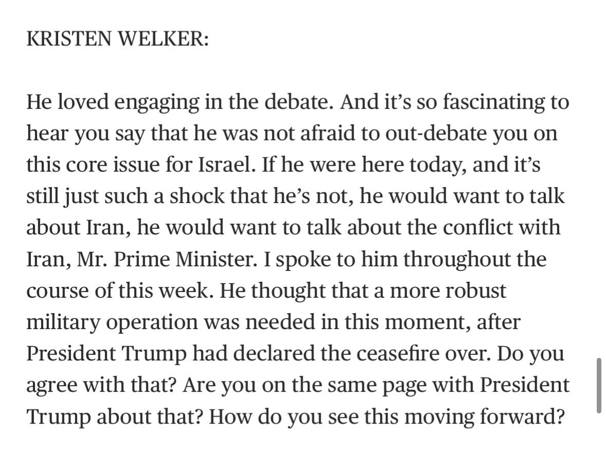 adamjohnsonCHI's tweet photo. a “1:1 tough interview on a Sunday show” with Piker would be quite funny since here is the “1:1 tough interview” the most prominent Sunday show just had with a war criminal who has an ICC warrant for his arrest. 

Here are all 5 questions, please tell me which of these is “tough” https://t.co/Qu7xGaKPSZ