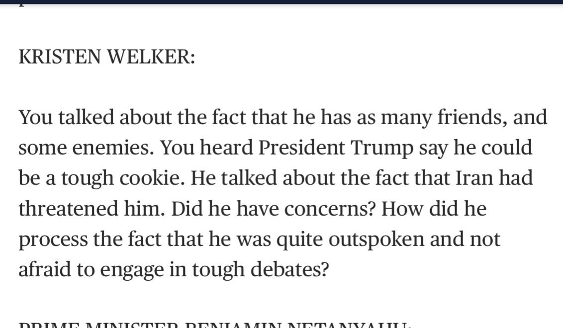 adamjohnsonCHI's tweet photo. a “1:1 tough interview on a Sunday show” with Piker would be quite funny since here is the “1:1 tough interview” the most prominent Sunday show just had with a war criminal who has an ICC warrant for his arrest. 

Here are all 5 questions, please tell me which of these is “tough” https://t.co/Qu7xGaKPSZ