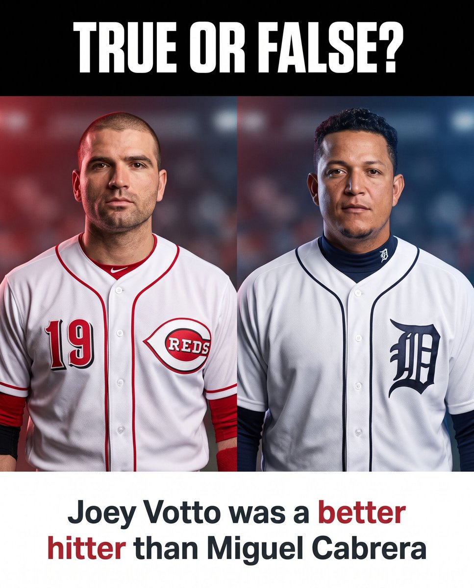 BBGreatMoments's tweet photo. Votto won the 2010 NL MVP and led the league in on base percentage seven times in his career.

Cabrera won a Triple Crown and finished with more total power.

Votto's approach at the plate rates higher, and it isn't close. https://t.co/l6q4Kvbn6h