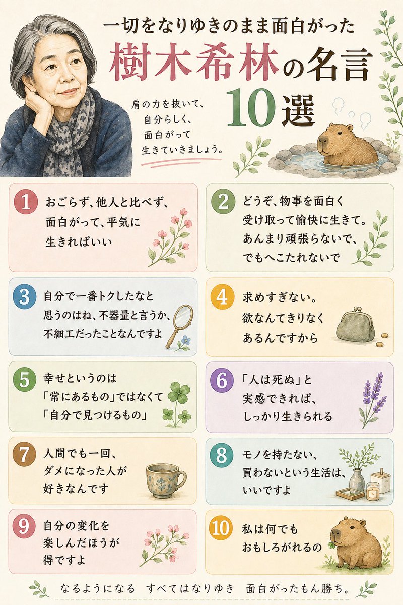 capybara_niisan's tweet photo. ありのままを受け入れて決して悲観しなかった樹木希林さんの名言を集めてみました。これ以外にもたくさんの名言があります。あなたの好きな樹木希林さんの名言もよかったら教えてください。 https://t.co/x0uhKJCp5F