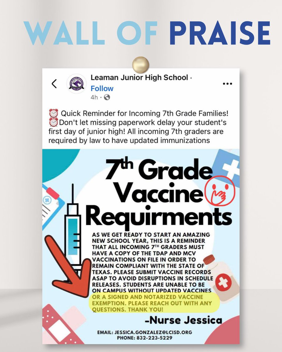TXforVaxChoice's tweet photo. Although they may have forgotten an ‘e’ on their flyer, they did not forget to mention the exemption option. Thank you, @LeamanJH for fully informing parents of their rights. You earned a passing grade! B+ https://t.co/pPXjxQZvns