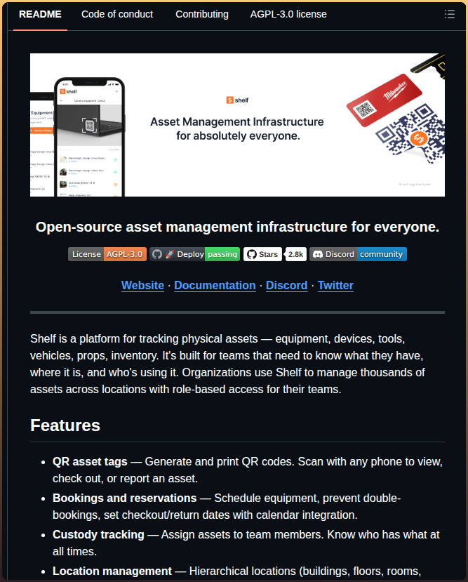 tom_doerr's tweet photo. Shelf is an open-source asset management platform for tracking physical items including equipment, devices, and inventory. The tool provides features for generating QR codes to facilitate checkouts, scheduling resource bookings, and assigning custodianship to ensure clear ownership records across distributed teams.

https://t.co/YM9Fe0BHs1