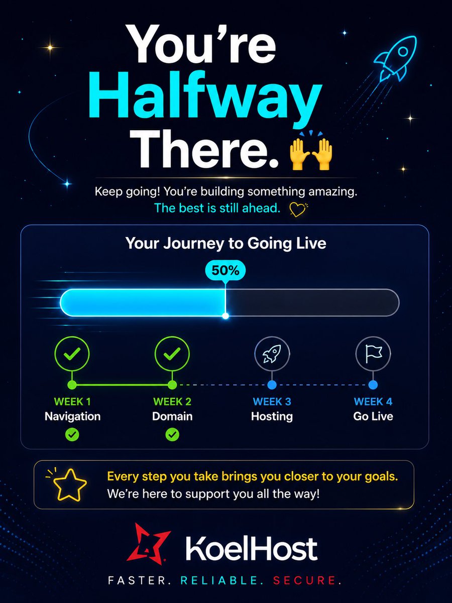 Koelhost's tweet photo. Two weeks in. You now know how to navigate https://t.co/c7AzikudqB and register a domain.
Thatβs real progress. π
Week 3: we set up your hosting and get your site ready to build.
See you Monday. π #KoelHost #YouGotThis https://t.co/Nq7KppVcwC