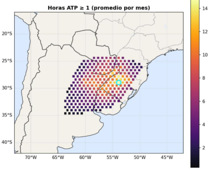 satswc's tweet photo. For sure! We'll be posting about it soon, but for instance here you have one of the maps pertaining to October reanalysis data (17 full Octobers analyzed, hourly). 
I'm very interested now in seeing if analyzing Winter months will see the hotspot moving northeastward toward Paraná