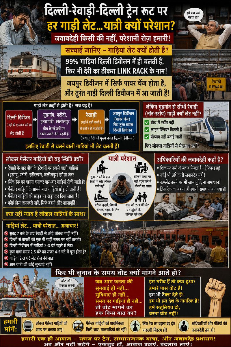 Praveen93591478's tweet photo. लिंक रैक देरी की वजह से रात 11-12 बजे घर पहुँचे।
सुबह फिर लेट गाड़ियाँ, बीच में हाल्ट, एक्सप्रेस को क्रॉसिंग।
सिर्फ लोकल पैसेंजरों को परेशान करना, नौकरी छीनना — यही मकसद?
#DelhiRewariRoute #TrainDelay #LinkRakeDelay
@RailwaySeva @RailMadad
मॉर्निंग के 54414 और इवनिंग के 54417, 74001 14728 सिर्फ और सिर्फ लिंक रैंक बहाना बनाकर लेट के जाती है
श्रीमान @AshwiniVaishnaw
@RailMinIndia भाजपा और प्रधानमंत्री की Reel पोस्ट में लगे रहते हैं लेकिन आम जनता बेसिक सुविधा के लिए तरस रही है
@Haryananewz @AmarUjalaNews @DainikBhaskar @JagranNews #IndianRailways #DelhiRewariRoute #AmritStation