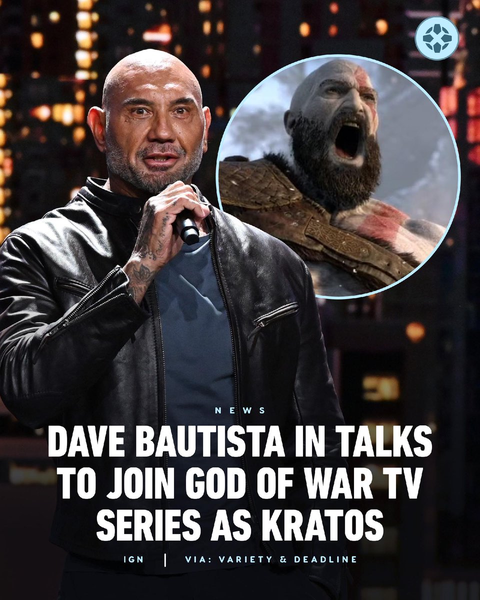 IGN's tweet photo. Dave Bautista is reportedly in talks to replace Ryan Hurst as Kratos in Amazon Prime Video's God of War TV series. https://t.co/aOzWClz2Fw https://t.co/FyGsr6oxjw