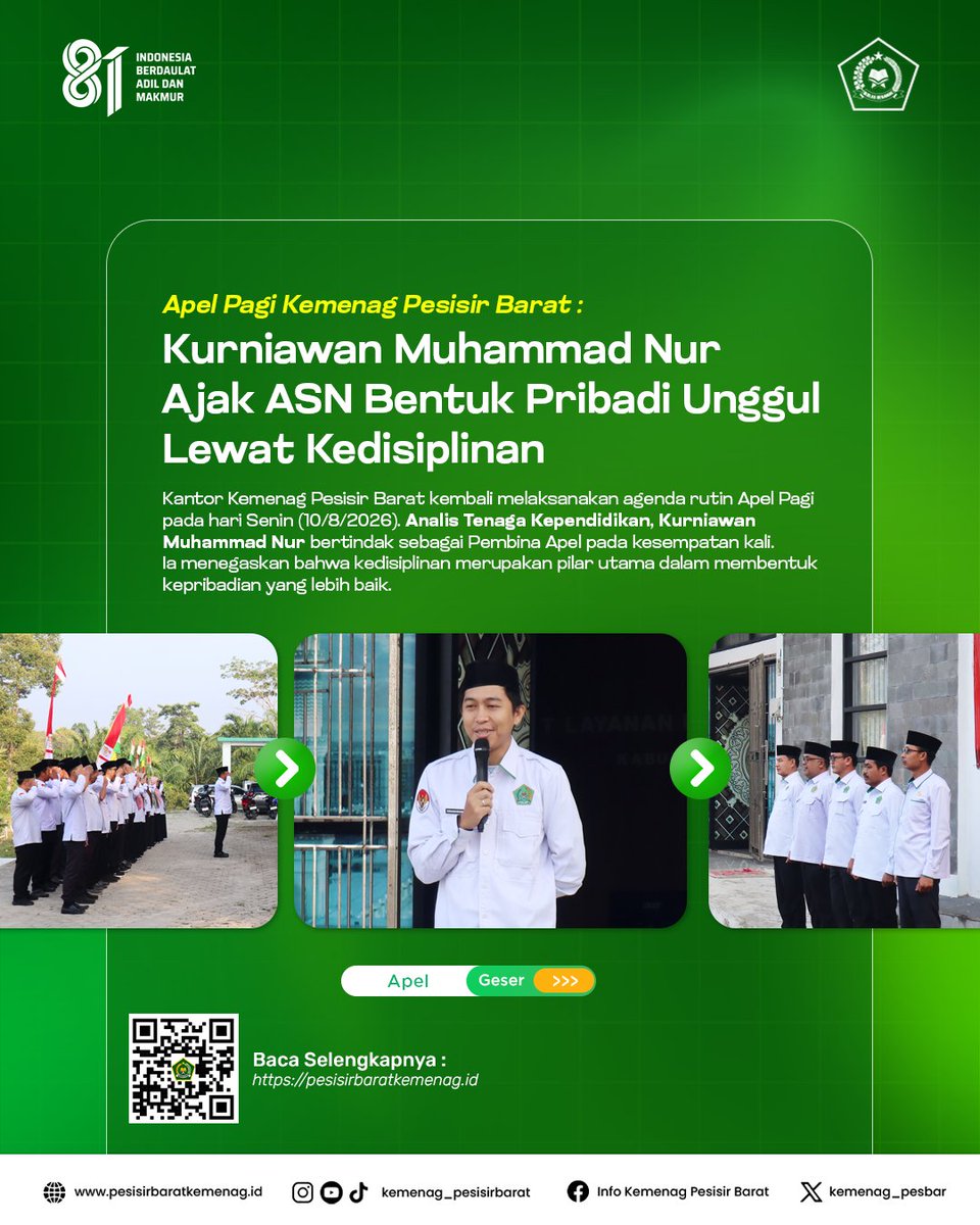 kemenag_pesbar's tweet photo. Apel Pagi Kemenag Pesisir Barat: Kurniawan Muhammad Nur Ajak ASN Bentuk Pribadi Unggul Lewat Kedisiplinan

Selengkapnya :
https://t.co/Qlr4IYM0rG https://t.co/6X4LJyPYmJ