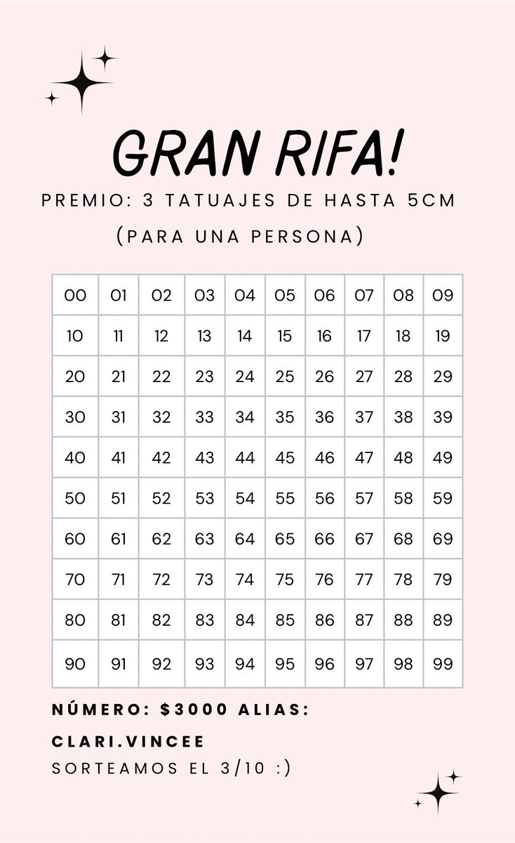 kllmyvol6's tweet photo. Hola! Estoy haciendo una Rifa para poder cubrir los gastos del show de Lali en River 🥹💗 Si pueden comprarme un numerito me ayudarían un montón.
Cada numerito sale $3.000. Si alguno quiere comprar, me escribe y le paso los números disponibles 💌 https://t.co/9DDPrwlBI6