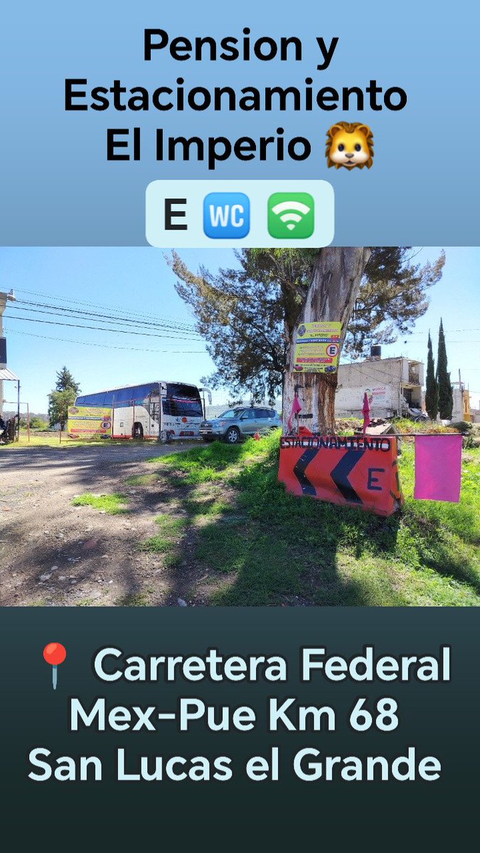 charlypm2052's tweet photo. Pension y Estacionamiento
 "El Imperio" 🦁
🚘🏍️🚍🚙🛻🚐🚲🚛🚜

Un espacio seguro contamos con servicio de 🚾 🚿💧 y 🛜

📍Carretera Federal Mex-Pue
Km 68  San Lucas el Grande.
#pension #estacionamiento #sanlucaselgrande https://t.co/8gueAG5WUx
