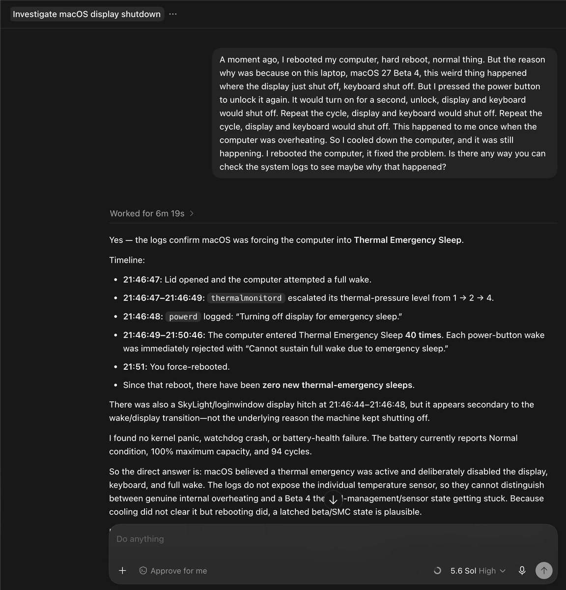 mweinbach's tweet photo. Just had a bug show up on my MacBook Pro and I needed to reboot, so I had Codex look at the logs, figure out the issue, then submit a bug report in Feedback Assistant with the proper logs and a detailed description

There's something super cool about this idk why https://t.co/djT3c7YHAB
