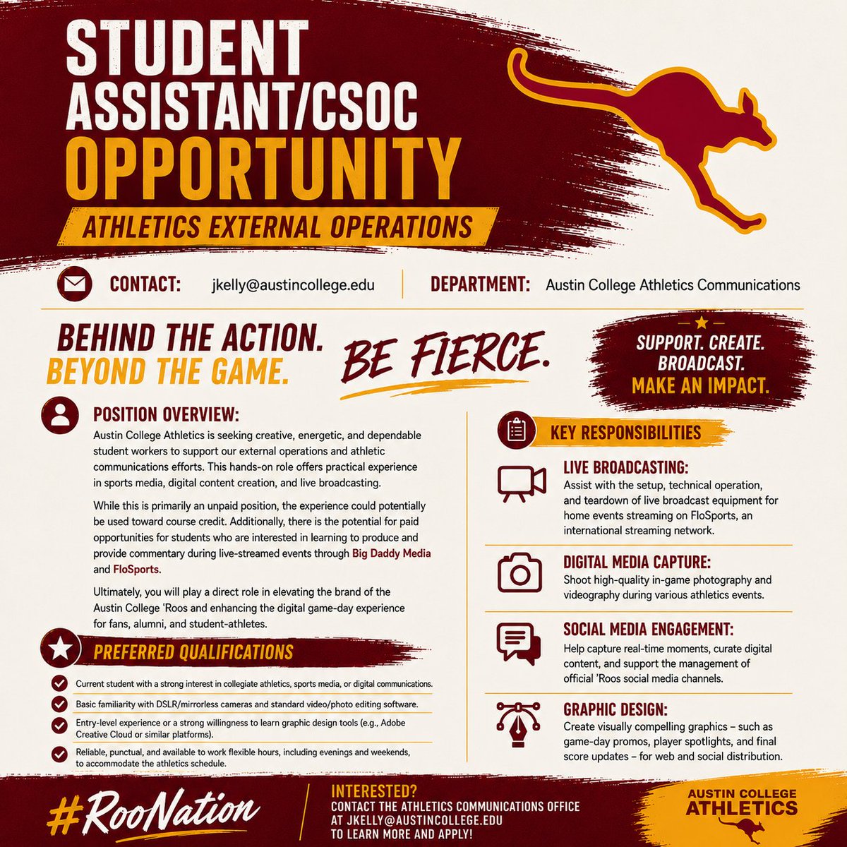 ACsports's tweet photo. Do you have an interest in social media, digital communications, broadcasting, or working in athletics? We've got opportunities for you in the Austin College athletics communications department. Reach out for further information! #RooNation #BeFierce https://t.co/wX9Alf71Ew