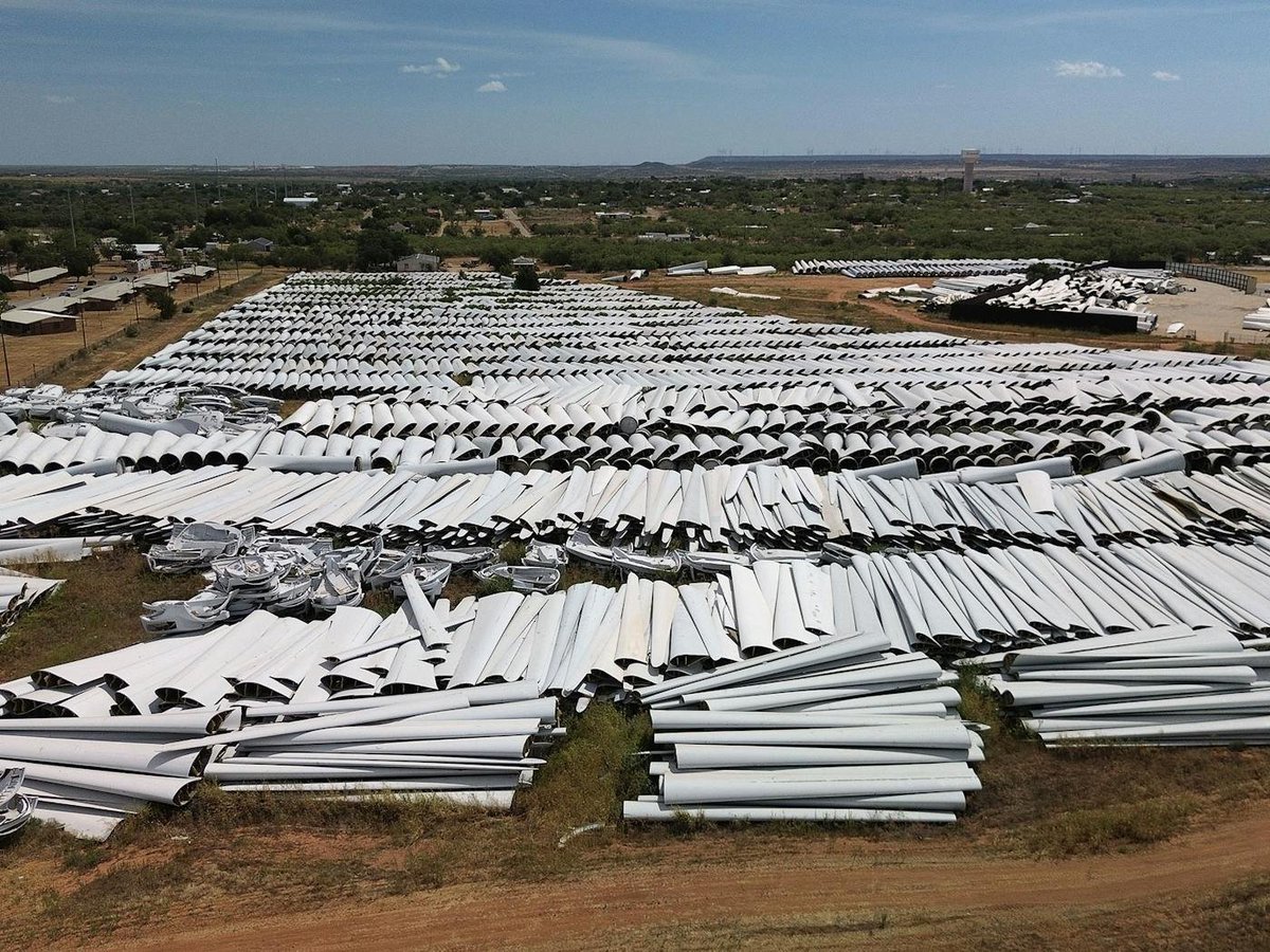 ChristianForTX's tweet photo. Discarded wind turbine blades stockpiled right here in Sweetwater, Texas. A warning sign.

By 2050, studies project up to 43 million metric tons of cumulative wind-blade waste and 60–78 million metric tons of solar-panel waste globally.

That’s roughly 100–120 million metric tons of end-of-life material. And that doesn’t include the massive mining, manufacturing, transportation and construction footprint required to produce and install it—or the challenge of recycling much of it.

Today, roughly 90% of used solar panels end up in landfills per the EPA. Wind turbine blades are technically recyclable, but recycling them remains difficult and often uneconomical. 

This is the “clean” energy waste problem nobody wants to talk about.