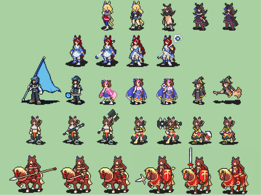 KazeYamayama's tweet photo. Progress on the sprites for Uma Emblem. I've finalized more than half of the cast's stills 🔥

Gold City and the rest looking super dope, though there's definitely going to be a lot to animate 😅
Lots of fun ideas, have some neat ones in mind for Gentildonna and Doto😁 https://t.co/aWWgeDcpKS