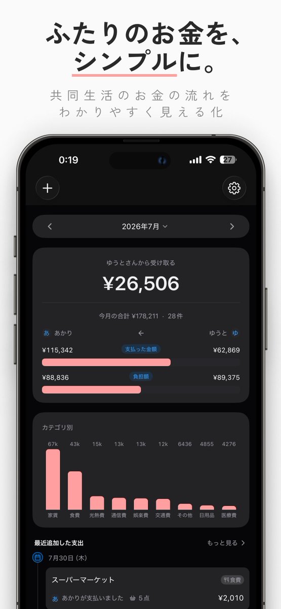 chipiyaq's tweet photo. 同棲のお金管理、もっと楽にしたくてアプリ作りました。

🧾 レシートはAIで読み取り
💰 2人の負担額から精算金額を自動計算
📊 カテゴリ別に支出を見える化
🏠 家賃やサブスクなどの固定費にも対応

「今月どっちがいくら払えばいい？」を、
アプリを見るだけで分かるようにしています。

同棲・夫婦向け共有家計��「Shalife」

#個人開発 #家計簿アプリ