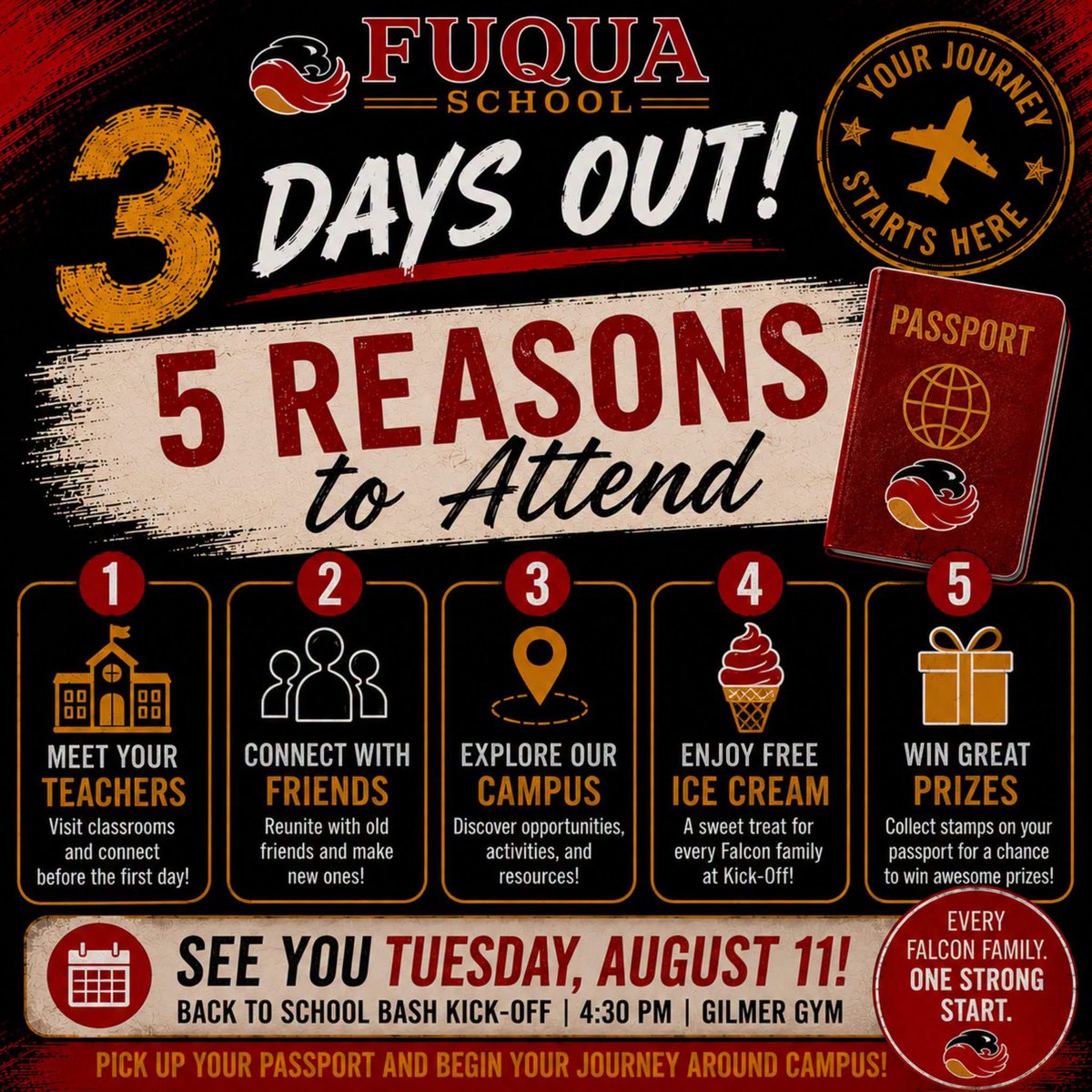 GinnyGills's tweet photo. Attention Fuqua School Families:
It’s almost THE day we’ve all been waiting for! 
❤️🖤❤️🖤❤️
The Bash is going to be the best Back-to-School event yet! Get ready for take-off at the Gilmer Gym! Before you find your seat, The  Sixth Grade Student Ambassadors will welcome you at the gate and provide your passport for some Falcon Fun, which includes the opportunity to win great prizes! 
New to Fuqua? No worries. You get to board early at 4:00! 
Don’t miss your flight! 
❤️🖤See you soon! 🖤❤️