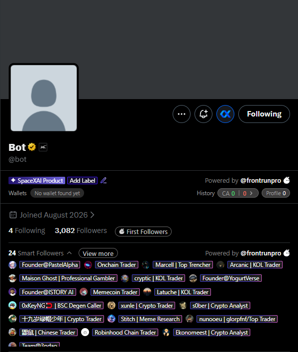 stitchdegen's tweet photo. Quite a few people have been asking me about $BOT

And honestly, I get why

The volume has been pretty insane, and at one point there were over 1K people watching it on https://t.co/MDT1D8rHCr

I spent some time digging into it, and the narrative is actually pretty simple

A new X account, @bot, showed up with an official affiliation badge linked to SpaceX/SpaceXAI

And that badge is basically where all the FOMO is coming from

There’s been a lot of speculation that @bot could be related to an AI, AI agent, or some kind of product from @SpaceX 

Nobody really knows what it is yet

But this is memecoins. Sometimes the market doesn’t even need to know

The SpaceX name alone is enough to bring in volume

This kind of narrative isn’t exactly new. We’ve seen similar setups before with tokens like $WORLD, and more recently $bstocks over on BSC

The common pattern is that when information is still vague, speculation tends to be at its highest, and that’s usually when the craziest volume comes in

But what makes $BOT more interesting is one level deeper :

SpaceX => Elon Musk

If @bot actually starts posting, or even better, gets followed or mentioned by @elonmusk, that could be the real catalyst for the market to reprice this narrative

And I think that’s exactly what a lot of people are betting on right now

Of course, for now, this is still pure speculation

For this thesis to keep running, I want to see the chart hold its structure over the next 1–2 days. If attention fades before any new catalyst appears, the narrative could die just as quickly

On the KOL side, I haven’t seen many Tier 1 names involved yet. Most of the attention seems to be coming from Tier 2 KOLs

So I definitely wouldn’t chase the big green candles here

The dip zone I’d be watching is around $350K–$450K MC

My invalidation would be below $200K MC

High risk, high speculation

DYOR
