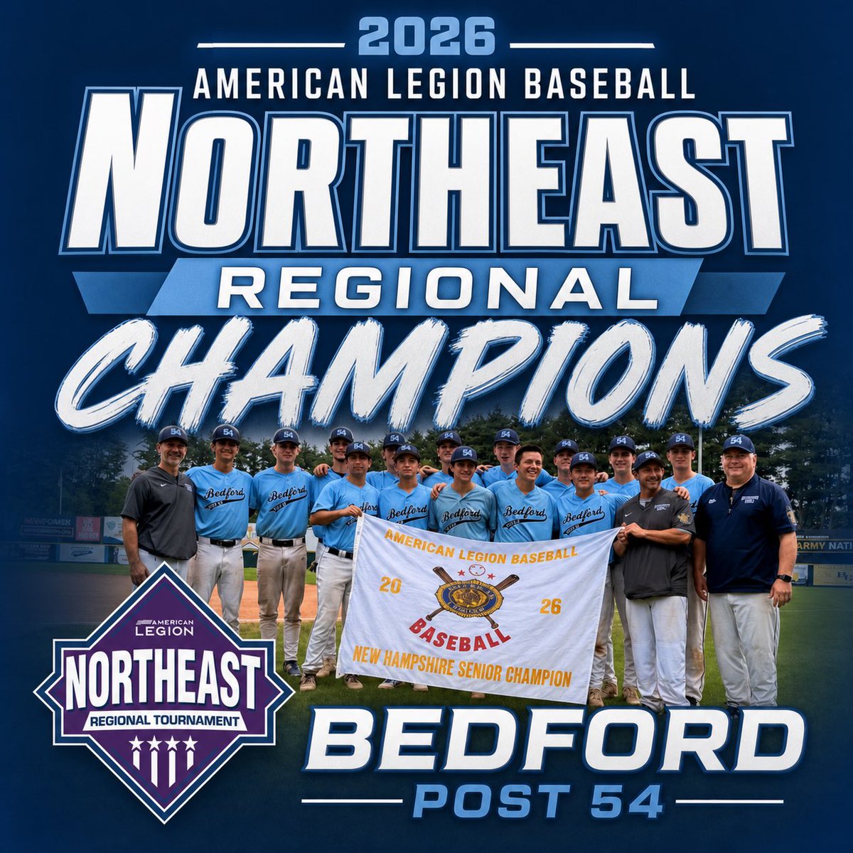 NHlegionball's tweet photo. Shelby, North Carolina Bound! 

Congratulations to @Post54baseball , the 2026 American Legion Baseball Northeast Regional Champions! They’ve punched their ticket to the American Legion Baseball World Series in Shelby, North Carolina! https://t.co/GKqzktKFDI