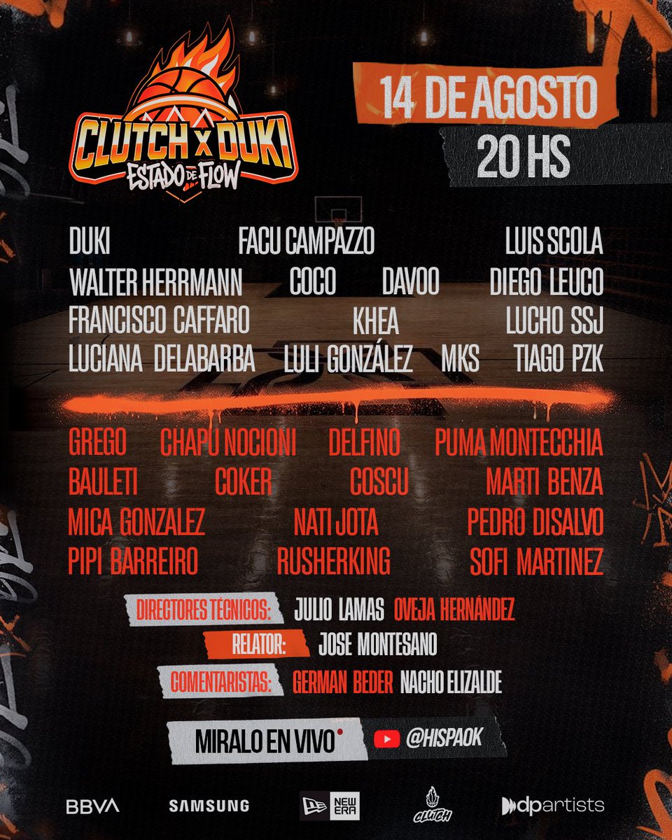 livedaleplay's tweet photo. CLUTCH × DUKI: ESTADO DE FLOW 🏀

La nueva cancha de @DukiSSJ y @clutch_basket baske se estrena con un gran partido inaugural en donde participarán figuras del más alto nivel ⭐️ 
Ellos son los protagonistas que formarán parte del gran encuentro

📅 14 de agosto
🏀 19hs - Mirá el pre game por el canal de @NBALatam 
🏆 20hs - Mirá el evento inaugural en vivo por Youtube @hispaok