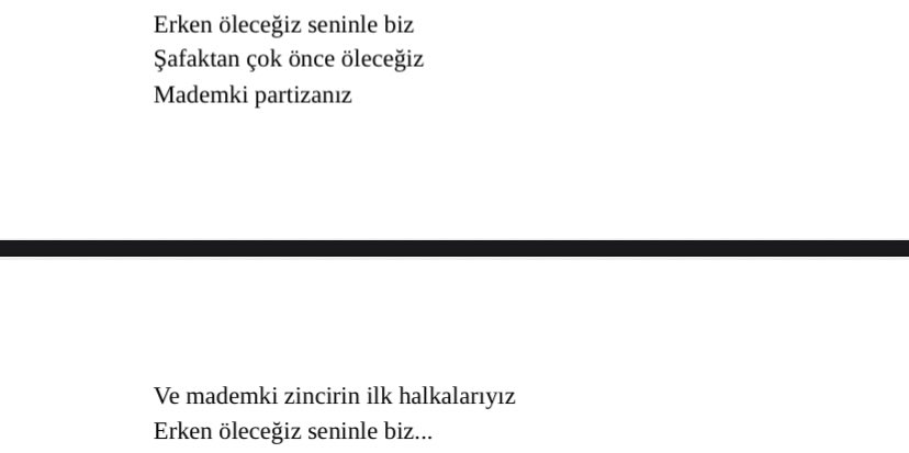 srrnnf's tweet photo. günün bilgisi

Grup Ekin’in ‘Seninle Biz’ şarkısının sözleri Ilya Ehrenburg’un ‘Dipten Gelen Dalga’ adlı eserindeki bi halk müziğinden bestelenmiştir.

“Erken öleceğiz seninle biz
Şafaktan önce öleceğiz
Mademki biz partizanız
Zincirinin halkasıyız” https://t.co/vyBCbcQZFN
