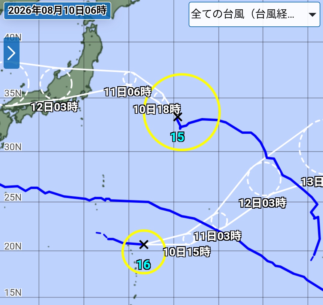 rivhiro's tweet photo. 北と南の台風の動きがいつもと逆

台風は普通、低緯度では偏東風に流されて西に、中緯度では偏西風に流されて東に向かうと思うんだけど
https://t.co/RkgBWHEfRO https://t.co/BW7R7ILxZC
