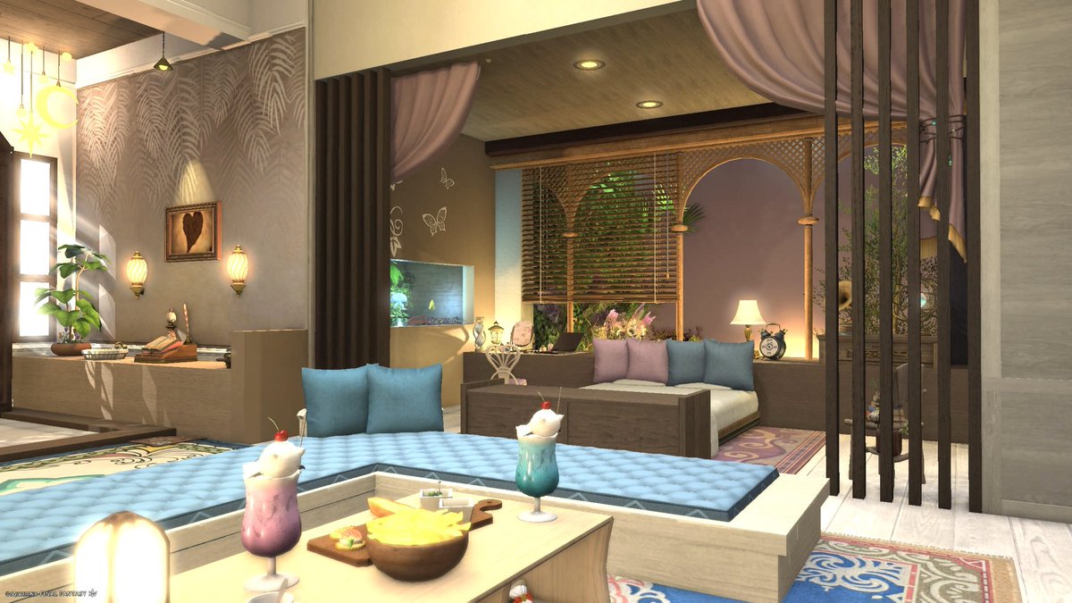neko_sheila's tweet photo. はくれいさんとの共同ハウジング完成しました!今回のテーマは
「うちの子達🐺🐱が住むおうち(夏)」
東側は朝の明るい雰囲気、西側は夕方の落ち着いた雰囲気をイメージしました。
キャラ設定を考えながら作るの楽しかったです✨️遊びに来てね!
#EdSheila_Works
#FF14ハウジング #ffxivhousing https://t.co/BXPIVHV0oi
