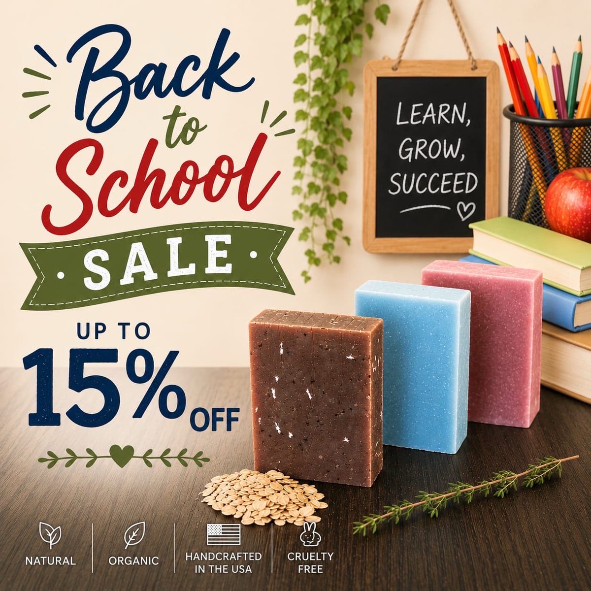 AspenKNaturals's tweet photo. π Back to School Sale! π§Ό
Save up to 15% OFF at Aspen Kay Naturals with code SCHOOL2026
Shop handmade soap, shampoo bars, conditioner bars, skincare & more.
ποΈ https://t.co/TrrQAxnmqS
Excludes already discounted bundles.
#BackToSchoolSale #HandmadeSoap #SelfCare https://t.co/cgX4anqSft