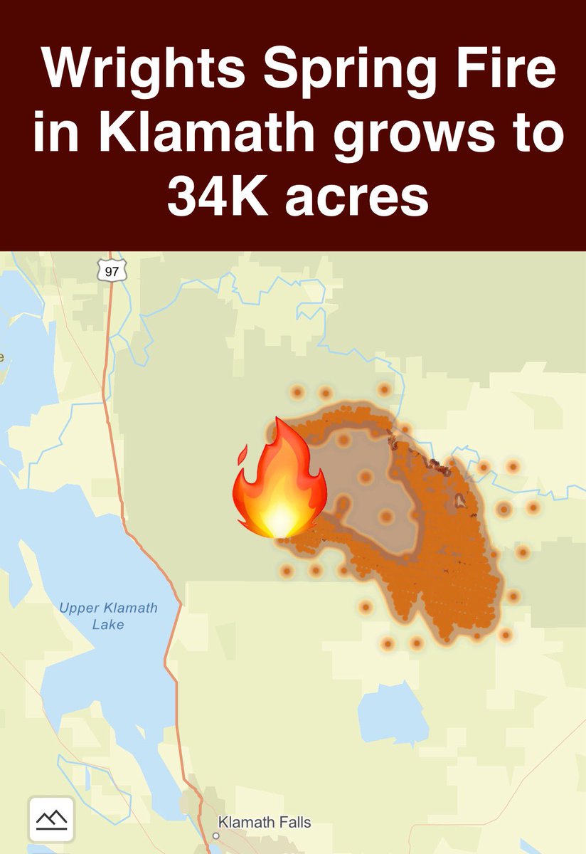 holden_lecroy's tweet photo. 🔥#WrightsSpringFire about 15 miles north of Klamath Falls has grew to 34,000 acres and continues to spread southeast with breezy, dry westerly winds through next week. #fireseason #orwx https://t.co/XI2YjTngQ8