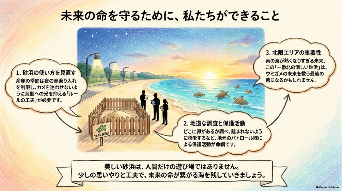 Kenyatama's tweet photo. 福島・茨城・千葉はアカウミガメの産卵の「北限」。温暖化の今、涼しい北の浜はオスが生まれる超重要な場所です🌡
砂浜の減少や光害の危機もあり、この北限を守ることが絶滅を防ぐカギになります🌊
性別が温度で変わることは知っていたけど、こんな危機とは…！
#アカウミガメ #環境問題 #絶滅危惧種 https://t.co/xiAsLO4Tk7