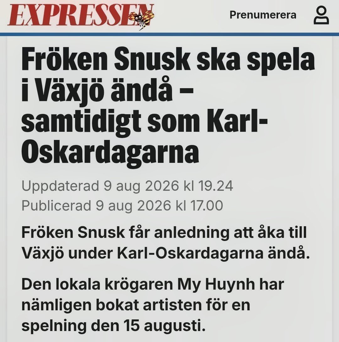 AdonGerdes's tweet photo. 😂 Vilket fullständigt självmål, Karl Oskardagarna.

Ni avbokade Fröken Snusk efter beskedet att hon ska spela med Jimmie Åkessons band.

Resultatet?

Taco Bar bokar henne i Växjö den 15 augusti. Samma kväll.

Er politiska markering föll platt. Fröken Snusk spelar ändå.

#FrökenSnusk #Växjö #SD
