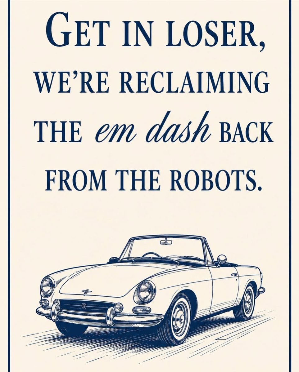 alyssa_ast's tweet photo. Save the em dash!!

No one wants their writing to be misrepresented as AI. Sometimes, I pause before using one for this very reason. However, they've always been included in my writing style, so why change it? https://t.co/czBfG5FbF6