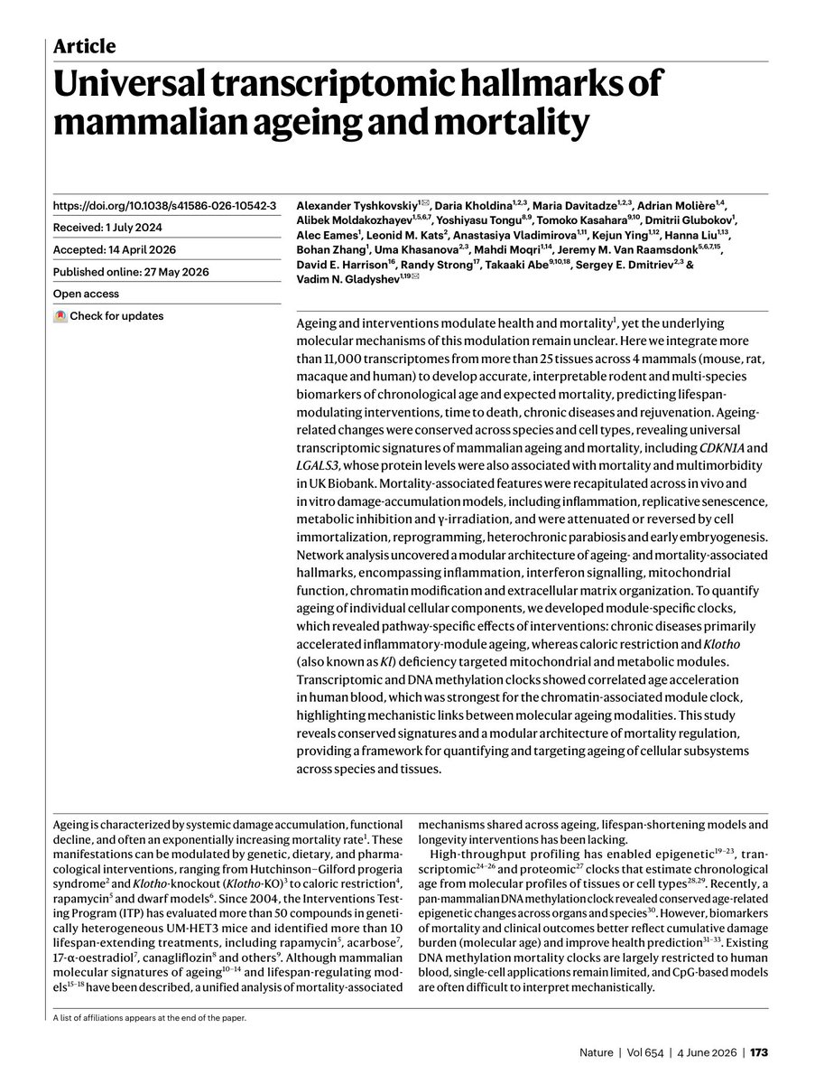crimmin's tweet photo. One of the most consequential aging papers this year: an open Nature study integrates >11,000 transcriptomes across 25+ tissues and four mammals, building interpretable clocks for chronological age and expected mortality.
https://t.co/ne5ADf8FBO https://t.co/irVqeNdeP3
