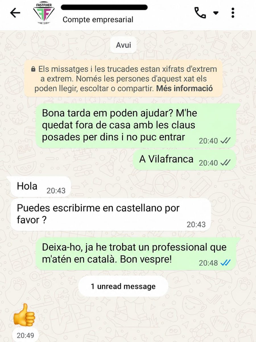 mantincelcatala's tweet photo. Una seguidora va contactar amb un serraller en català. Li van demanar que canviés al castellà i va optar per un altre professional que sí l’atenia en català.

Gestos així fan el català útil i necessari. Si el mantenim, li donem valor, utilitat i continuïtat. https://t.co/ffMcv5pujk